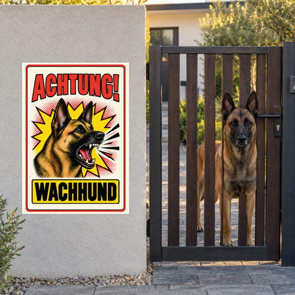 Malinois Schild „Achtung! Wachhund“ im Retro-Comicstil – Hochformat – Anwendung am Eingang