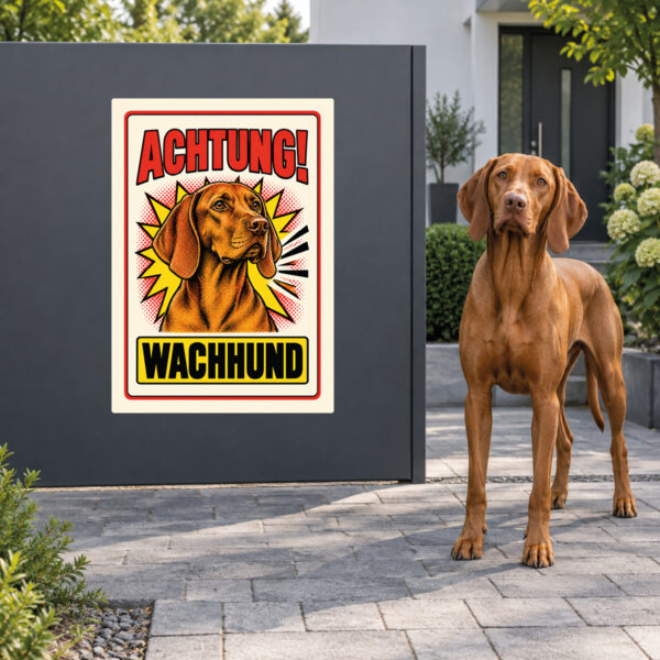 Magyar Vizsla Aufkleber „Achtung! Wachhund“ im Retro-Comicstil – Hochformat – Anwendung am Eingang