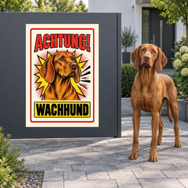 Magyar Vizsla Schild „Achtung! Wachhund“ im Retro-Comicstil – Hochformat – Anwendung am Eingang