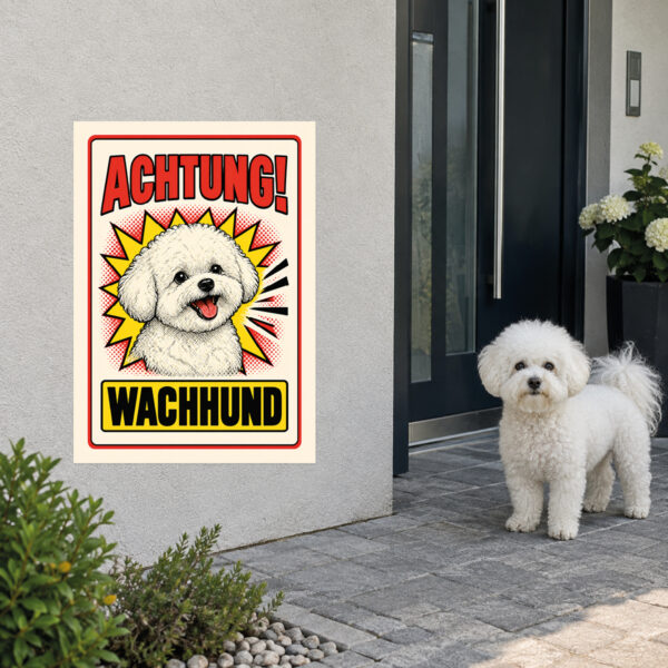 Bichon Frisé Schild „Achtung! Wachhund“ im Retro-Comicstil – Hochformat – Anwendung am Eingang