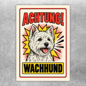 West Highland White Terrier Aufkleber „Achtung! Wachhund“ im Retro-Comicstil – Hochformat – Produktansicht