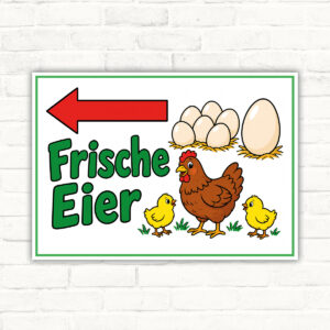 Frische Eier Schild mit Pfeil nach links – Querformat