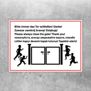 Kindergarten Tor schließen Aufkleber mehrsprachig – Querformat