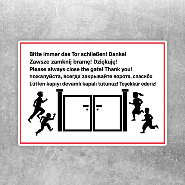 Kindergarten Tor schließen Aufkleber mehrsprachig – Querformat