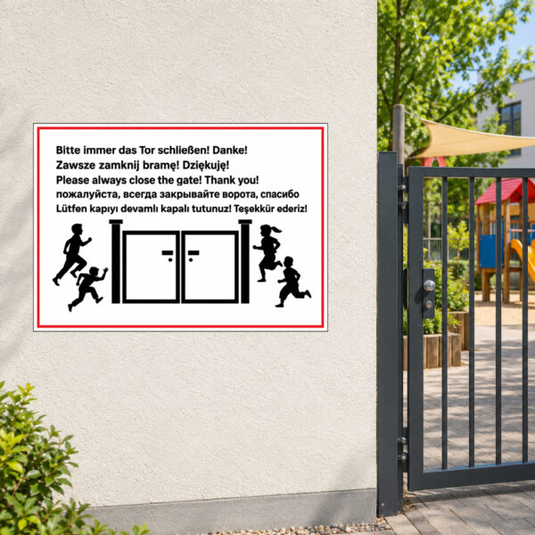 Kindergarten Tor schließen Aufkleber mehrsprachig – Querformat – Bild 2