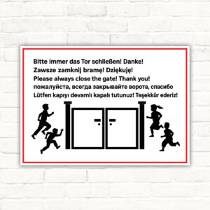 Kindergarten Tor schließen Schild mehrsprachig – Querformat