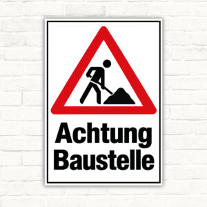 Achtung Baustelle Schild – Bauarbeiter im Warndreieck
