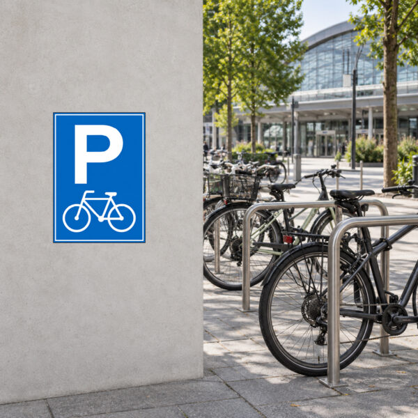 Fahrrad-Parkplatz Aufkleber – weißes Fahrrad auf Blau – Bild 2