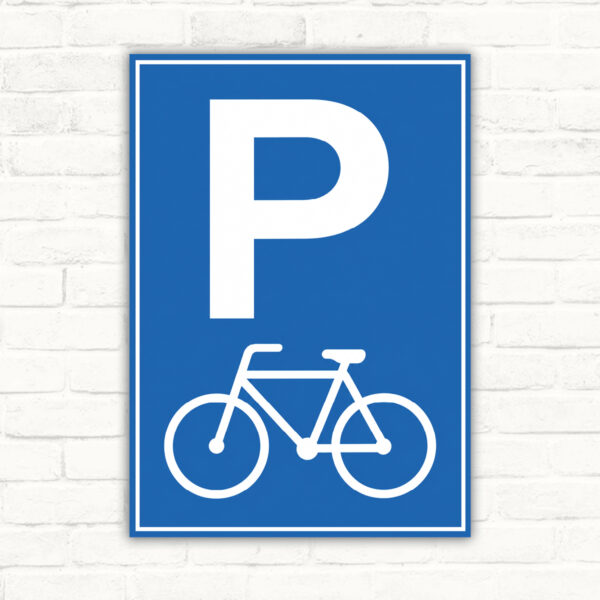 Fahrrad-Parkplatz Schild – weißes Fahrrad auf Blau