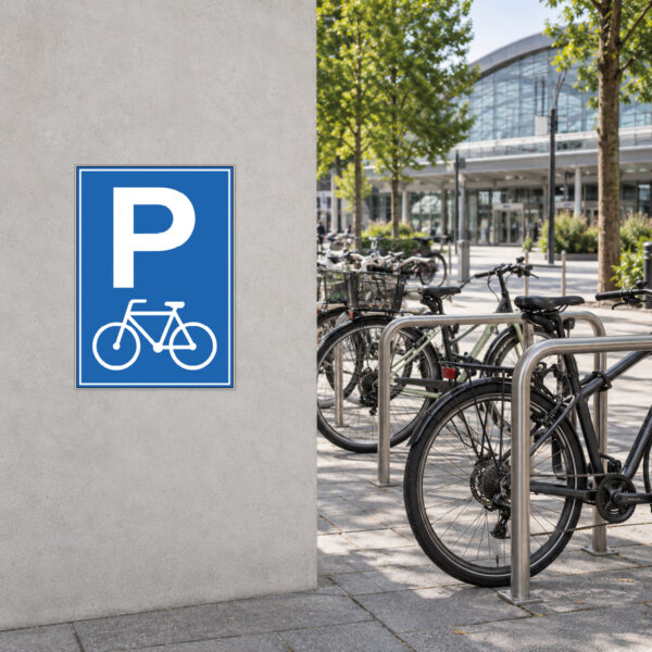 Fahrrad-Parkplatz Schild – weißes Fahrrad auf Blau – Bild 2
