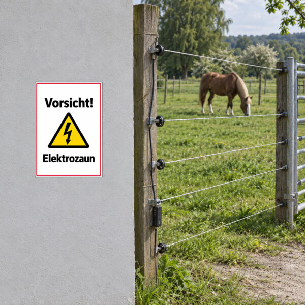 Vorsicht Elektrozaun Warnaufkleber mit Blitzsymbol – Hochformat – Bild 2