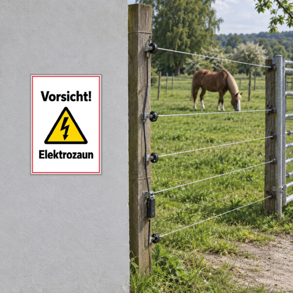 Vorsicht Elektrozaun Warnschild mit Blitzsymbol – Hochformat – Bild 2