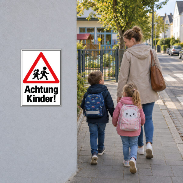 Achtung Kinder Warnschild mit Schulkinder-Symbol – Hochformat – Bild 2