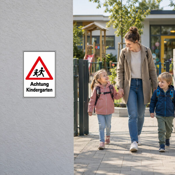 Achtung Kindergarten Warnaufkleber mit Kinder-Symbol – Hochformat – Bild 2