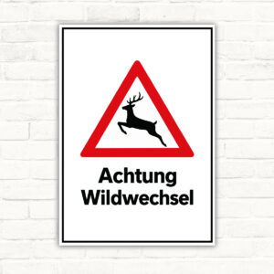 Achtung Wildwechsel Warnschild mit Hirsch-Symbol – Hochformat