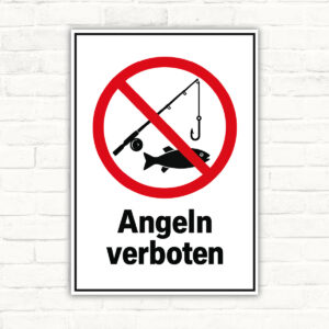 Angeln verboten Schild mit Angel- und Fischsymbol – Hochformat
