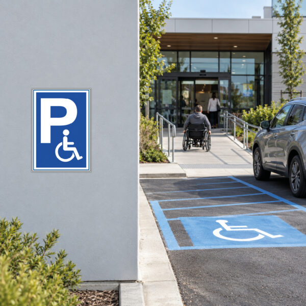 Behinderten-Parkplatz Schild mit Rollstuhlsymbol – Hochformat – Bild 2