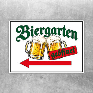 Biergarten geöffnet Aufkleber mit Pfeil nach links – Querformat
