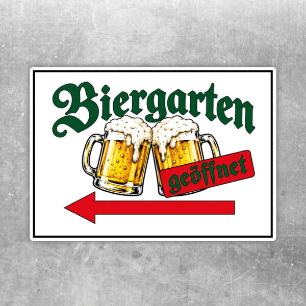 Biergarten geöffnet Aufkleber mit Pfeil nach links – Querformat