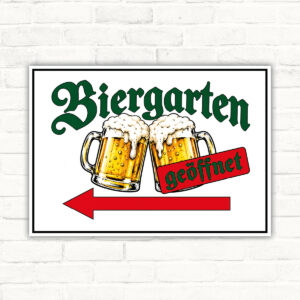 Biergarten geöffnet Schild mit Pfeil nach links – Querformat