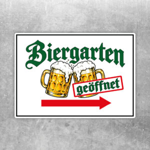 Biergarten geöffnet Aufkleber mit Pfeil nach rechts – Querformat