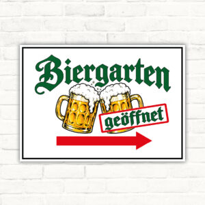 Biergarten geöffnet Schild mit Pfeil nach rechts – Querformat