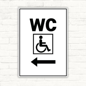 WC barrierefrei Schild mit Pfeil links – Hochformat