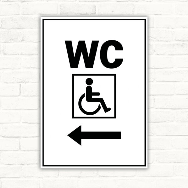 WC barrierefrei Schild mit Pfeil links – Hochformat
