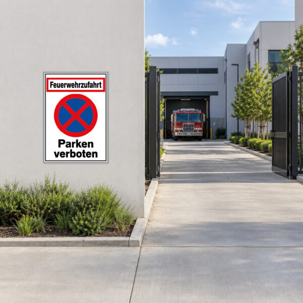 Feuerwehrzufahrt – Parken verboten Schild mit Parkverbotssymbol – Hochformat – Bild 2