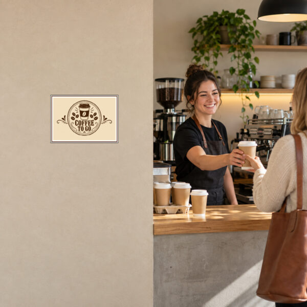 Coffee To Go Aufkleber mit Becher – brauner Rahmen – Querformat – Bild 2