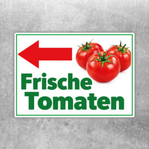 Frische Tomaten Aufkleber mit Pfeil links – Querformat