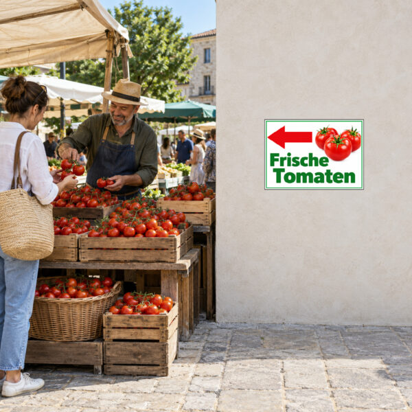 Frische Tomaten Aufkleber mit Pfeil links – Querformat – Bild 2