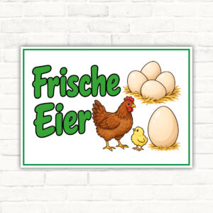 Frische Eier Schild mit Huhn und Küken – Querformat