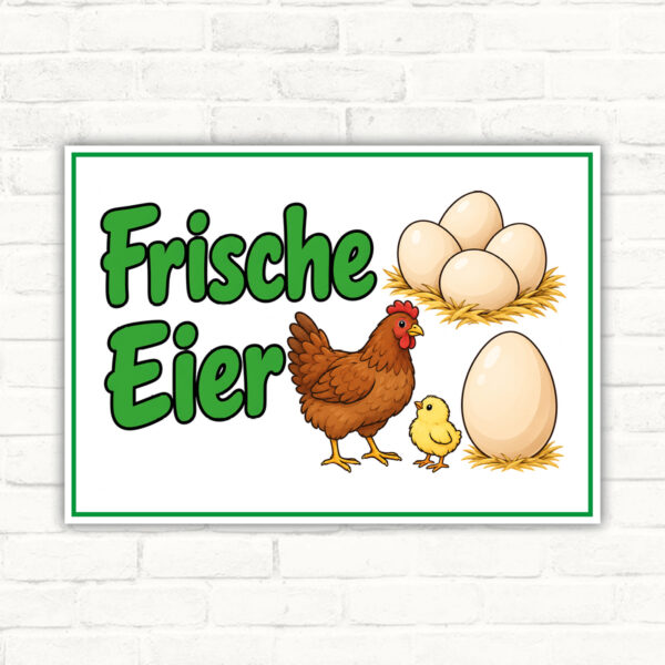 Frische Eier Schild mit Huhn und Küken – Querformat