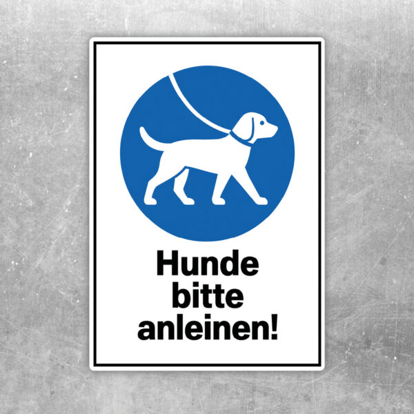 Hunde bitte anleinen Aufkleber mit blauem Gebotszeichen - Hochformat
