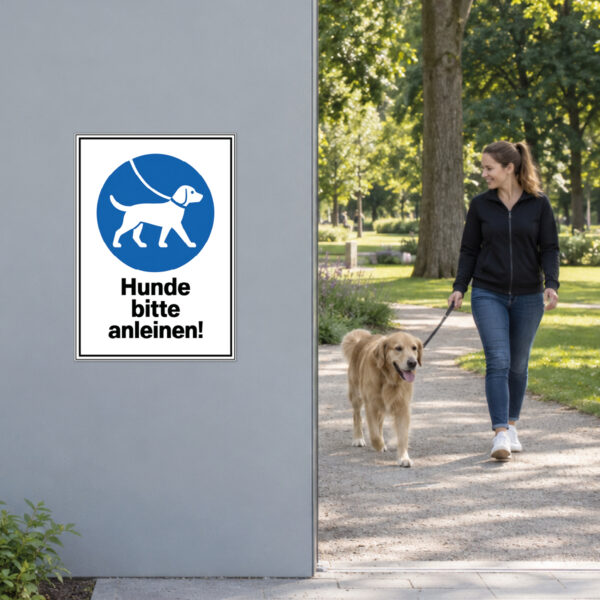 Hunde bitte anleinen Schild mit blauem Gebotszeichen - Hochformat – Bild 2