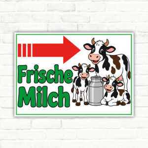 Frische Milch rechts Schild mit Kühen - Querformat