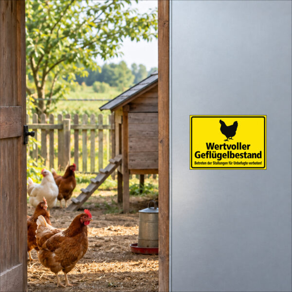 Wertvoller Geflügelbestand – Huhn als Aufkleber im Querformat – beispielhaft auf einer glatten Metallfläche angebracht