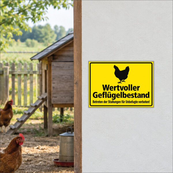 Wertvoller Geflügelbestand – Huhn als Schild im Querformat – beispielhaft an einer Stallwand angebracht