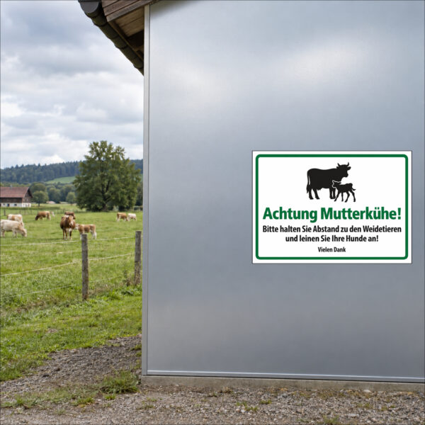Achtung Mutterkühe – grüner Rahmen als Aufkleber im Querformat – beispielhaft auf einer glatten Metallfläche angebracht