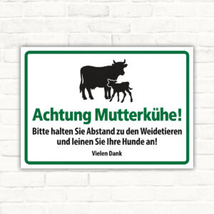 Achtung Mutterkühe – grüner Rahmen als Schild im Querformat – Originalmotiv auf neutralem Hintergrund
