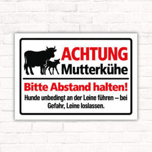Achtung Mutterkühe – Abstand halten als Schild im Querformat – Originalmotiv auf neutralem Hintergrund
