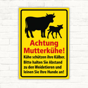 Achtung Mutterkühe – Hochformat gelb als Schild im Hochformat – Originalmotiv auf neutralem Hintergrund