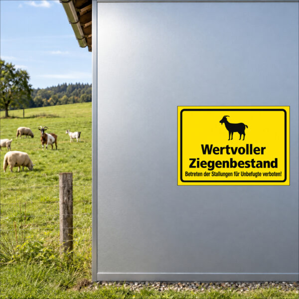 Wertvoller Ziegenbestand als Aufkleber im Querformat – beispielhaft auf einer glatten Metallfläche angebracht