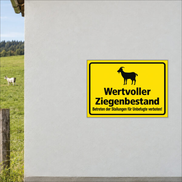 Wertvoller Ziegenbestand als Schild im Querformat – beispielhaft an einer Stallwand angebracht