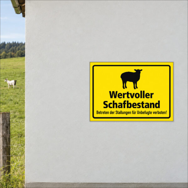 Wertvoller Schafbestand als Schild im Querformat – beispielhaft an einer Stallwand angebracht