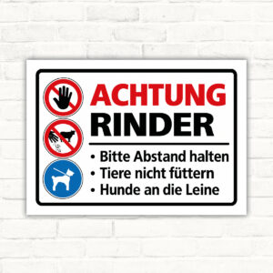 Achtung Rinder – Abstand halten und Hunde anleinen – Schild