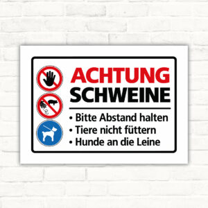 Achtung Schweine – Abstand halten und Hunde anleinen – Schild