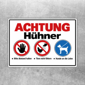 Achtung Hühner – Abstand halten und Hunde anleinen – Aufkleber