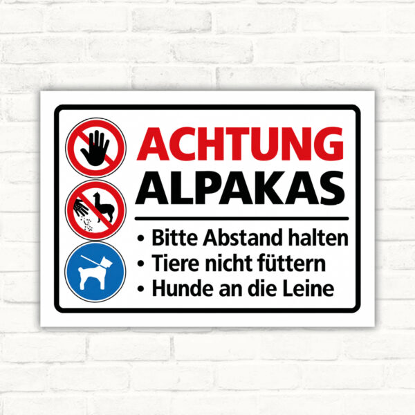 Achtung Alpakas – Abstand halten und Hunde anleinen – Schild